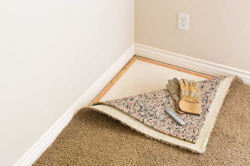 pulling up old carpet to reveal subfloor in home